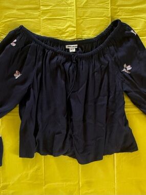 Billabong Navy Off-Shoulder Blouse with Pink Floral Embroidery